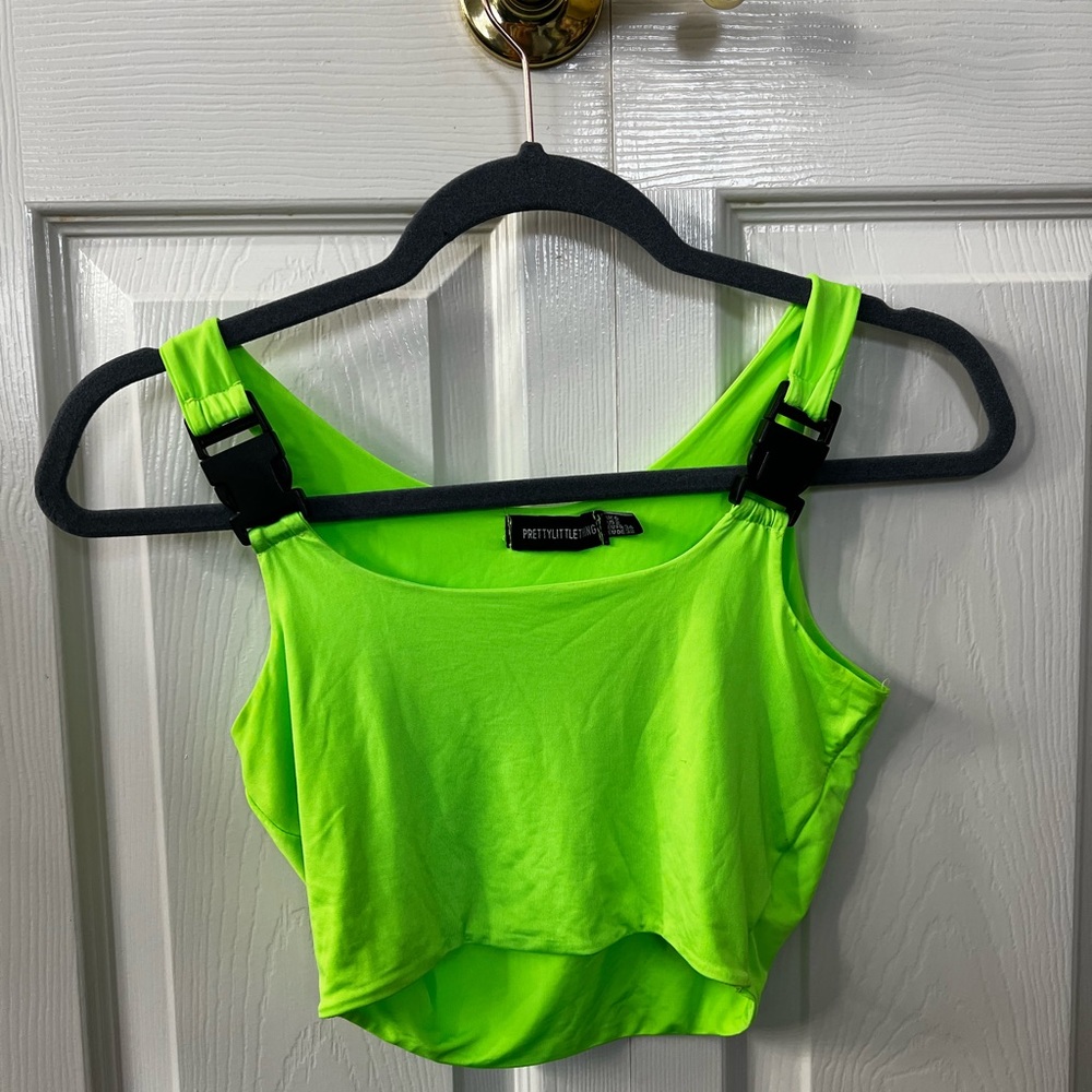 PRETTYLITTLETHING Neon Green Buckle Strap Crop Top. Size SMALL. Worn ONCE.